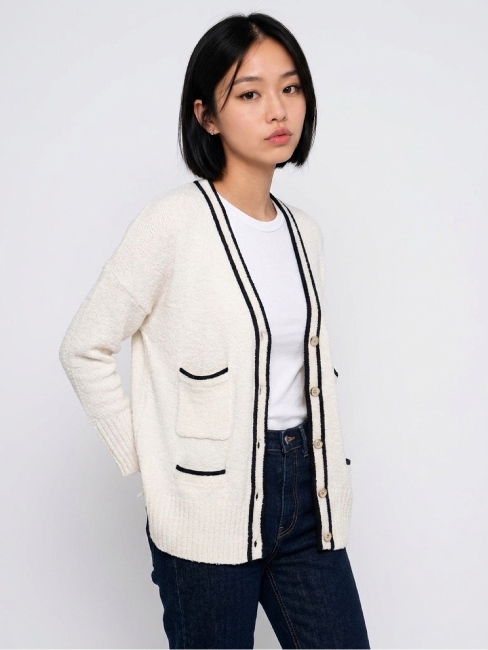 J.Crew Cardigan XS/S Ivory Navy Tipped Striped Trim Boucle Knit